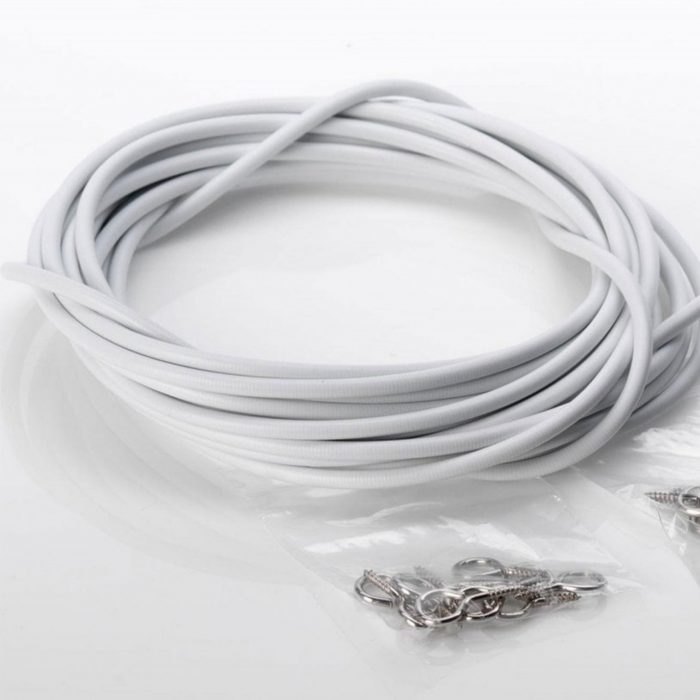 Wire pack on a white surface with hooks and eyes
