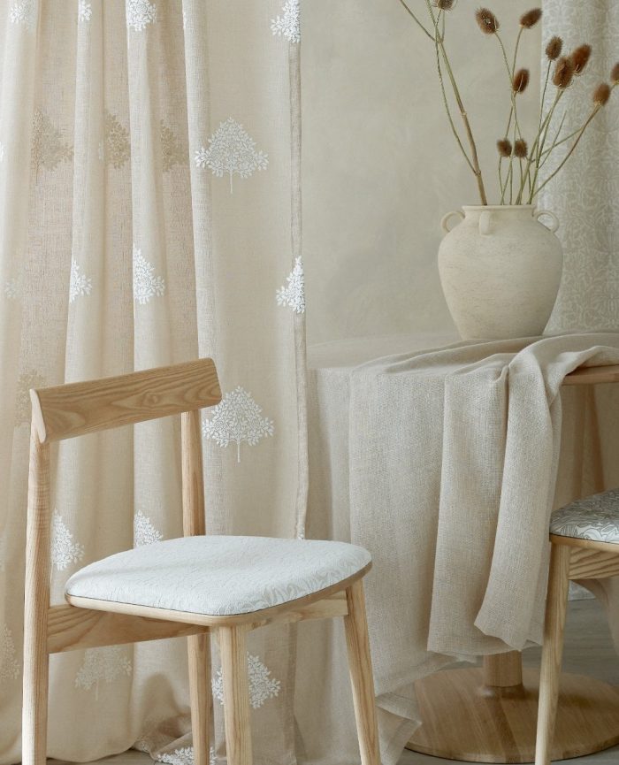 Beige voile curtains with white tree prints