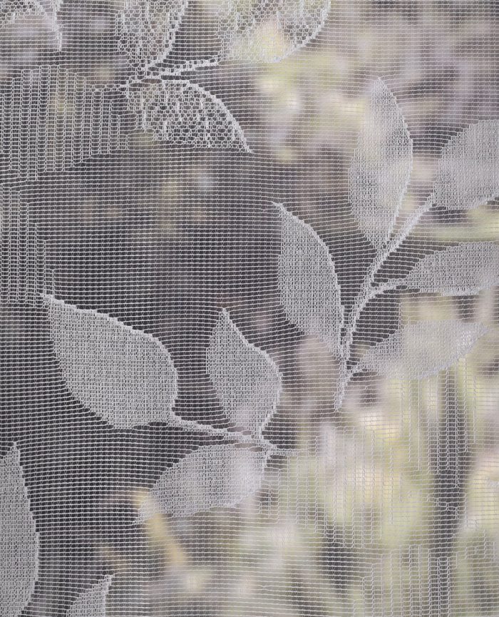 White net curtain with embroidered autumn leaves