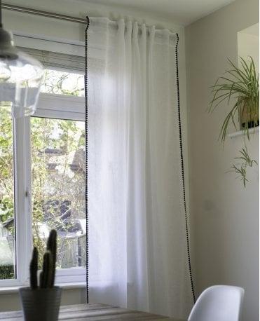 Onyx White Linen Look Panel With Black Embroidery Trim