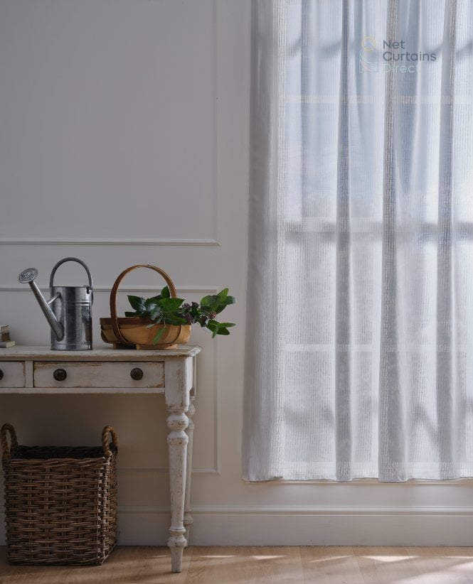 Finesse Iona Ticking Stripe Linen Blend White Voile Curtain M2M